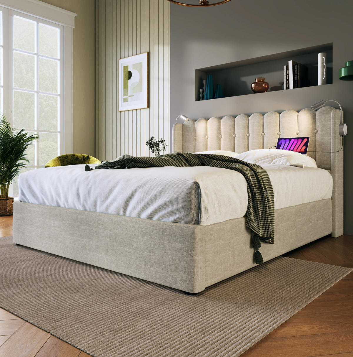 POLSTERBETT 140/200 cm Leinen Grau mit Leselicht und Ladefunktion Ohne Matratze - Naturfarben, Textil (140/200cm) - OKWISH