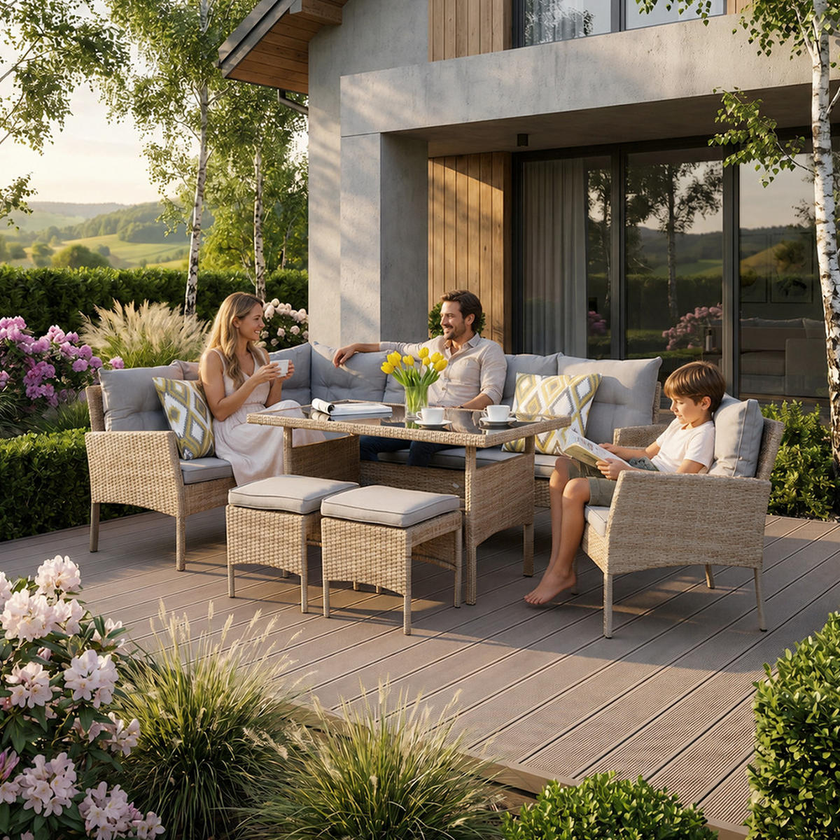 GARTENSET Calista, Technorattan, 2 Ecksofas + Sessel + 2 Hocker + Esstisch, für 7 Personen - Beige, Kunststoff - Beautysofa