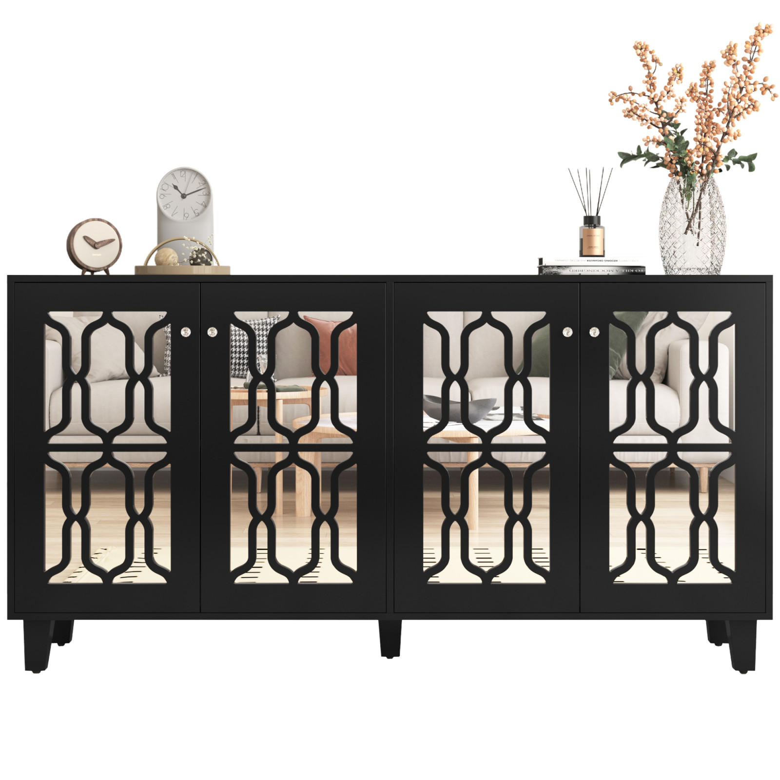 SIDEBOARD Schwarz, 4 Türen, Spiegeloptik, herausnehmbare Fächer - Schwarz, Holz (160/84/40cm)