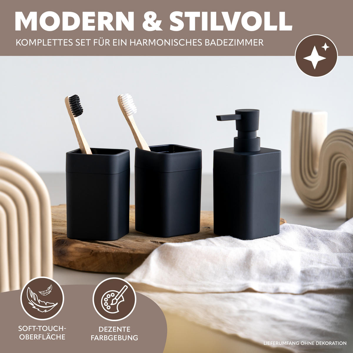 BADEZIMMER-SET SAVONA, Soft-Touch, schwarz, eckig - Schwarz, Kunststoff (7/16/9cm) - bremermann