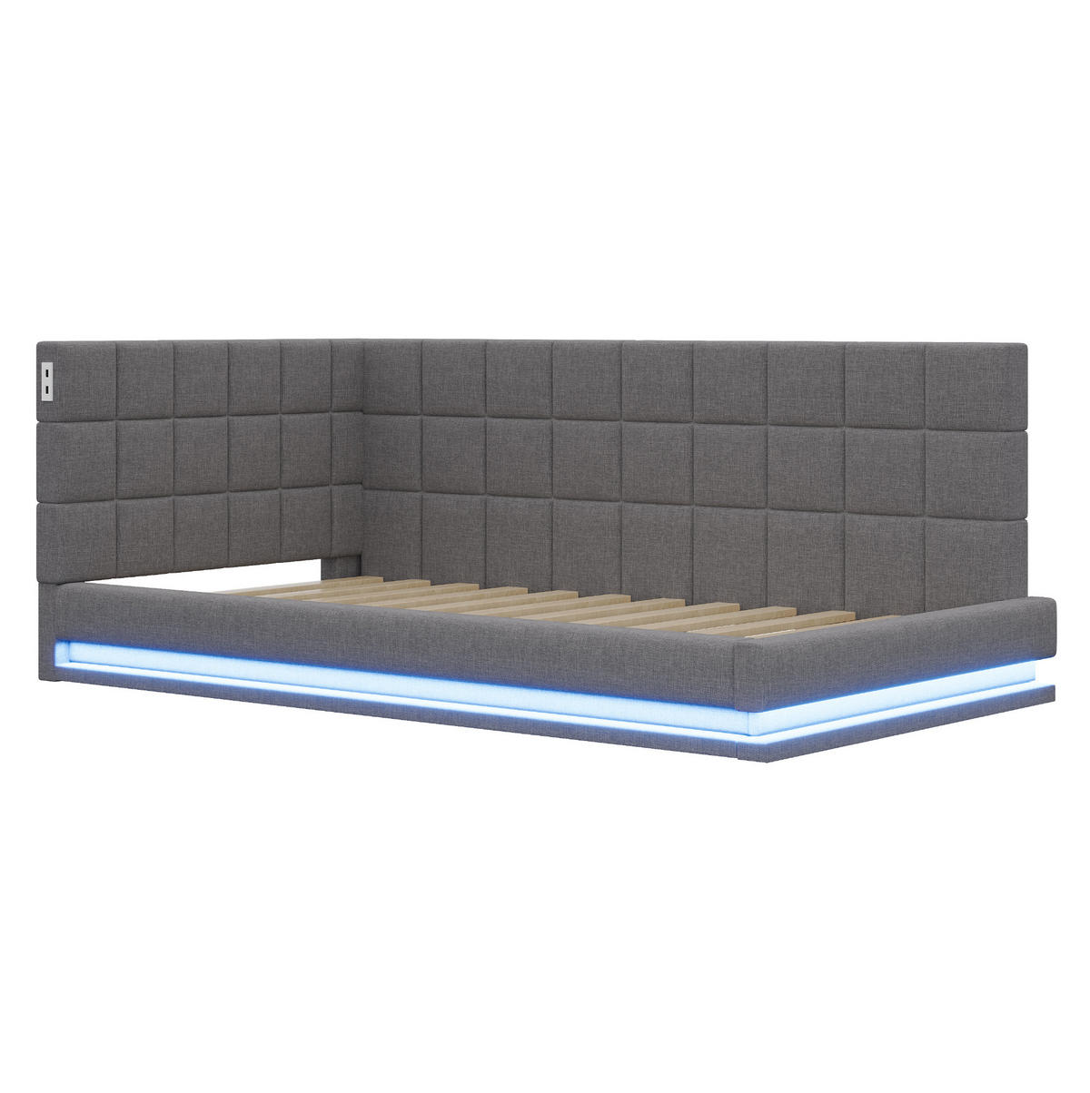 SCHLAFSOFA aus Leinen 90x200 cm Grau mit LED-Beleuchtung, USB-Anschluss und Lattenrost - Grau, Textil (90/200cm) - IVMEU