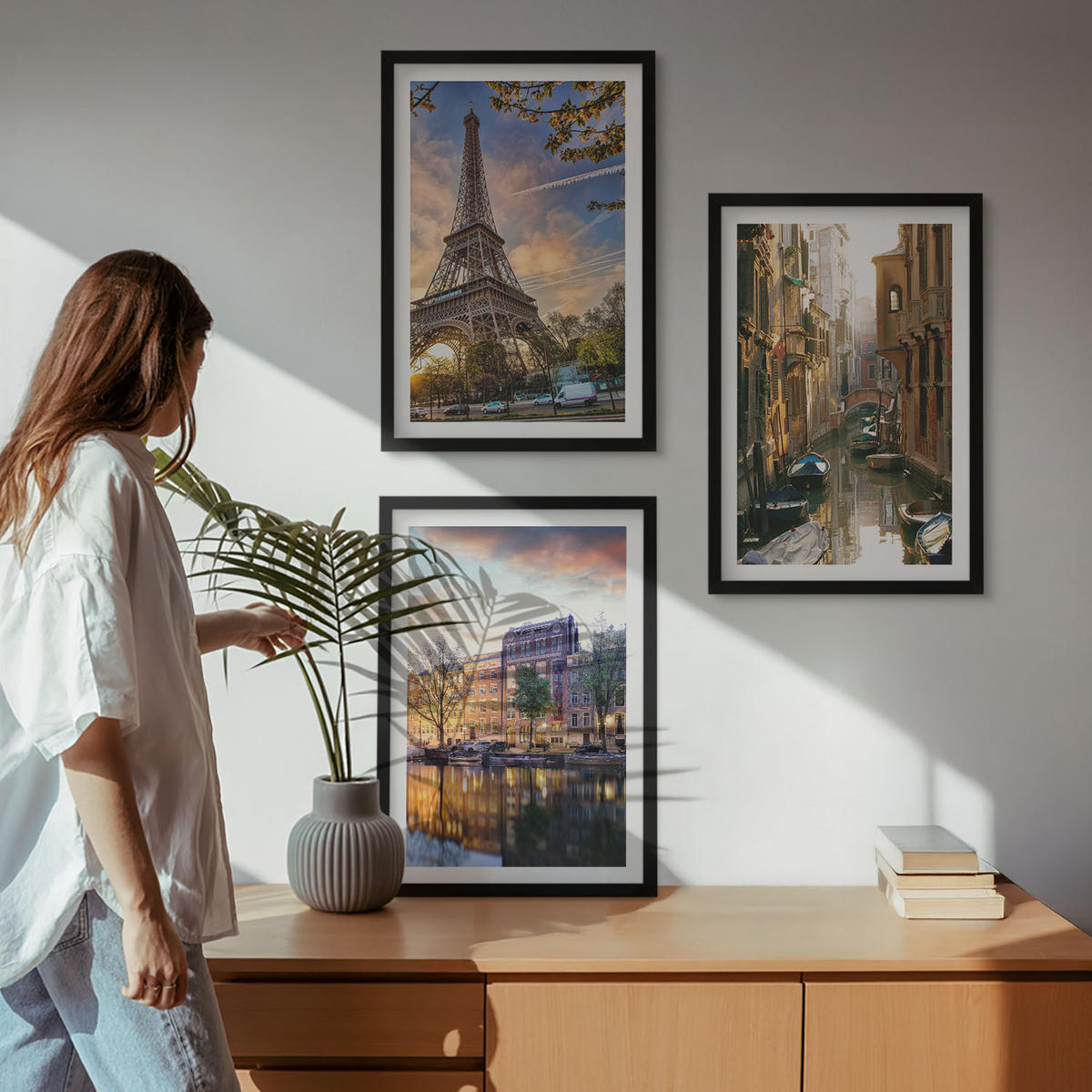 WANDBILDER 3er-Set - 40x60 cm Schwarzer Rahmen - Eiffelturm Venedig Amsterdamer Kanäle - Schwarz, Kunststoff (40/60cm) - ArtPrintCave