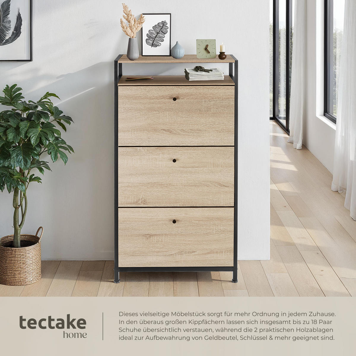 SCHUHSCHRANK Braddock,inklusive Kippschutz, 61 x 32 x 130 cm,Industrial Holz hell, Eiche Sonoma - Naturfarben, Holzwerkstoff (32/130/61cm) - tectake
