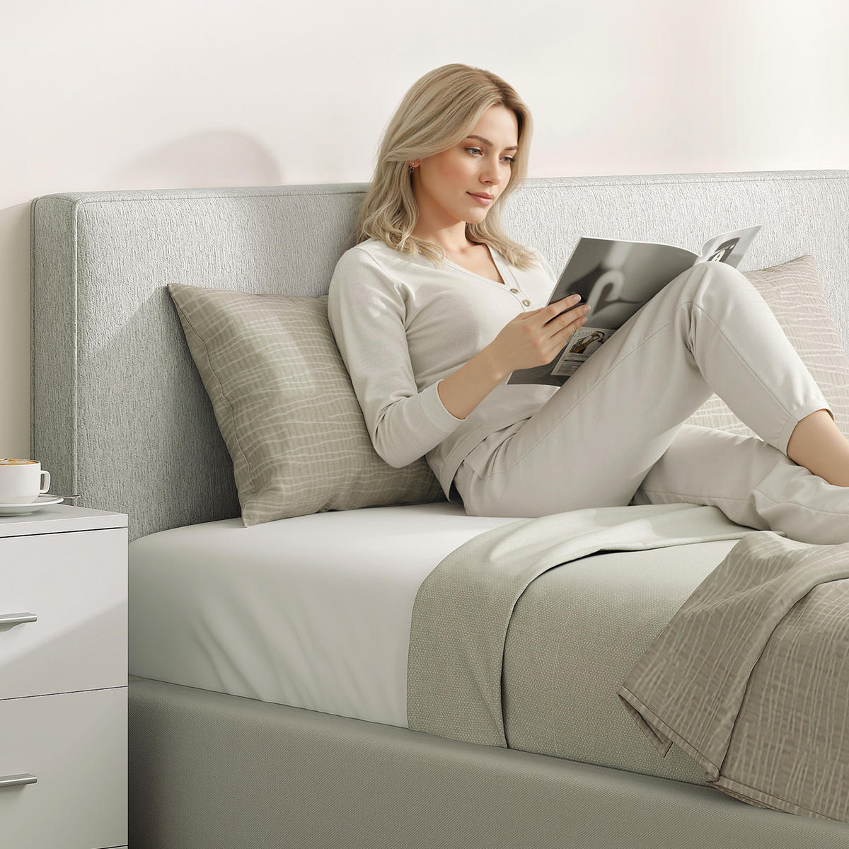 KOPFTEIL Polyester Eukalyptusholz Cremeweiß - Creme, Textil (10/60/160cm) - HOMCOM