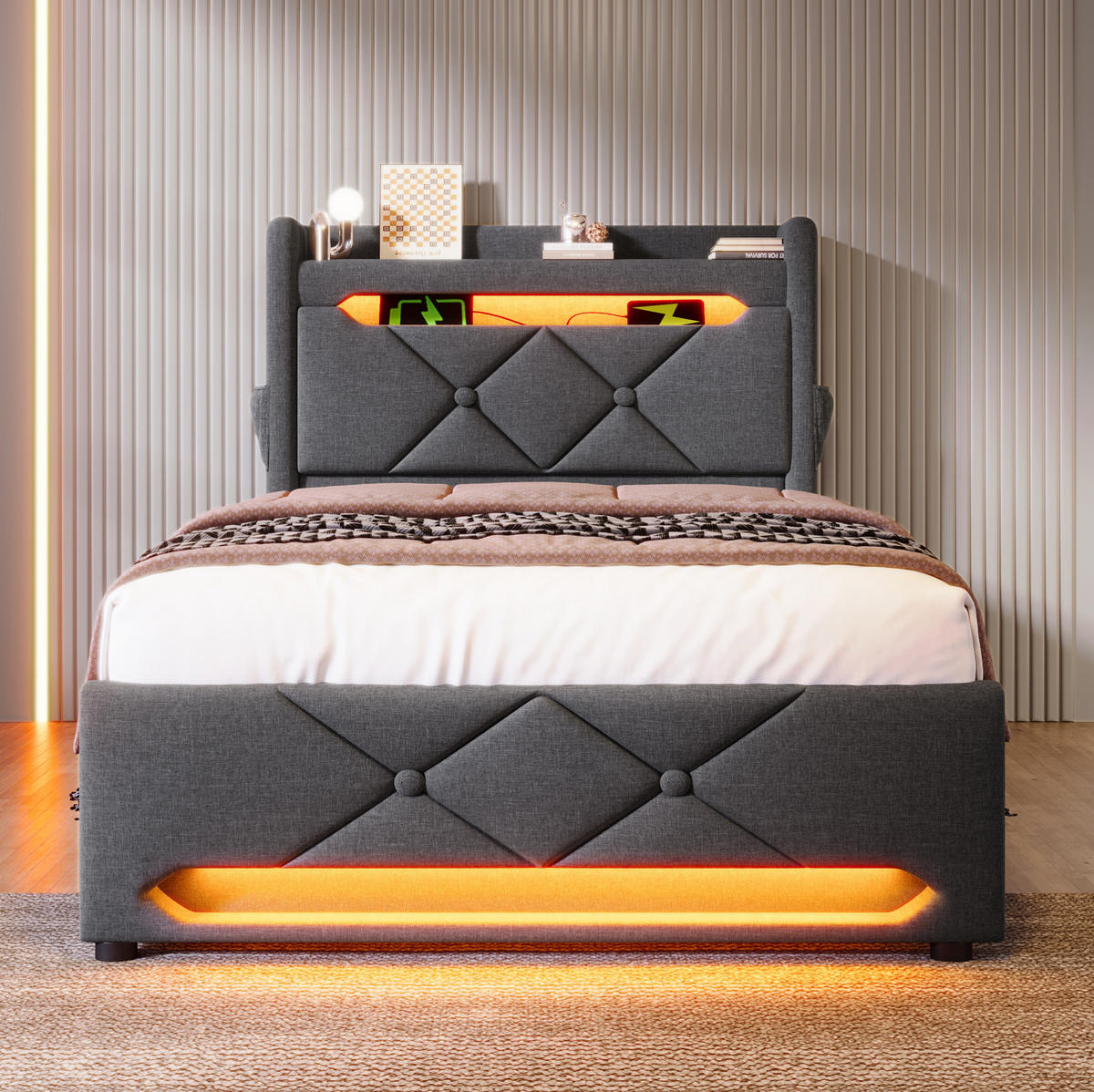 POLSTERBETT 90/200 cm Grau aus Leinen mit LED und Stauraum - Grau, Textil (90/200cm) - OKMYHOME
