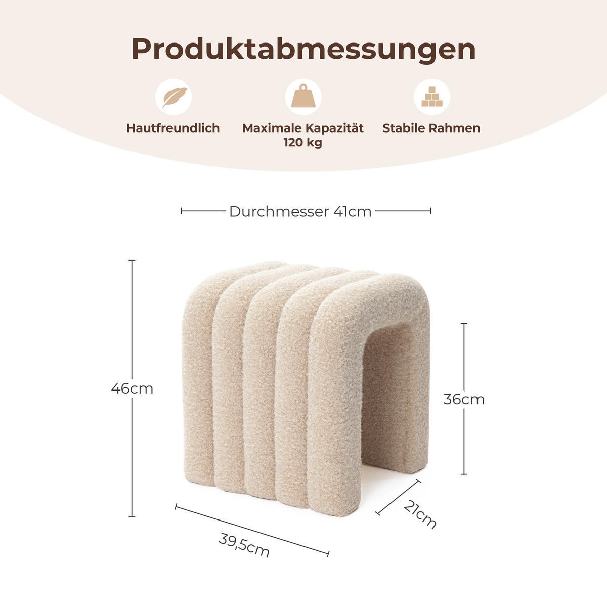 HOCKER Bogenform Beige - Creme, Holzwerkstoff/Textil (39.5/46/39cm) - Hometopia