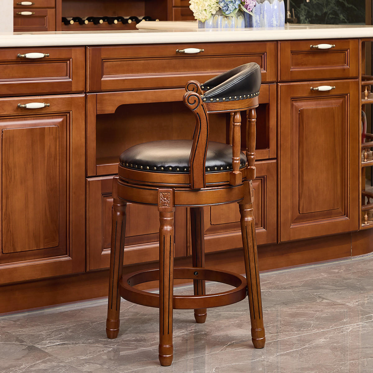 BARHOCKER 1er-Set Schwarz mit Echtleder und Rückenlehne - Schwarz, Holz (54.8/96/54.8cm) - PANGIVO