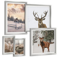 BILDER SET 5er Set - 50x50 cm & 20x30 cm & 40x60 cm Silberner Rahmen - Winterlandschaft mit Hirschen - Silberfarben, Kunststoff (40/60cm) - TULUP