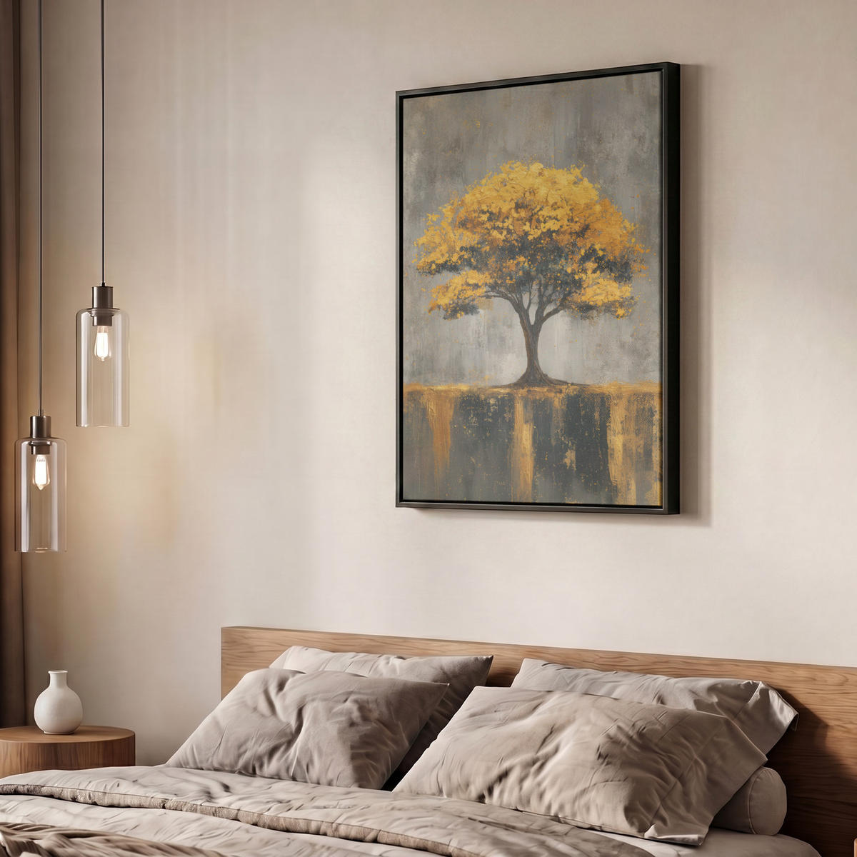 LEINWAND Bilder mit Rahmen - Baum - Blätter - Gold - Abstrakt - 60x80 - Grau, Textil (60/80cm) - MuchoWow