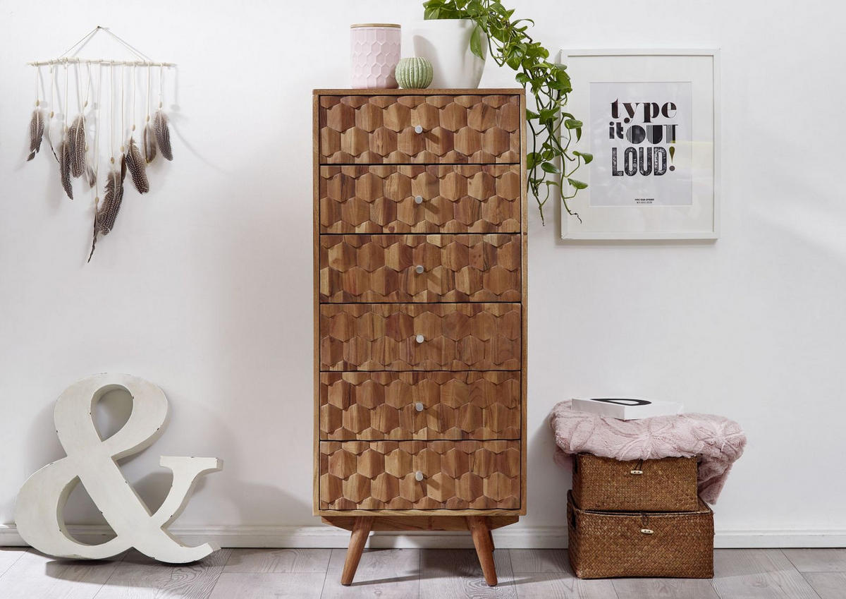 KOMMODE Akazie 53x42x125 natur lackiert MOSAYK #108 - Braun, Holz (53/125/42cm) - Massivmoebel24