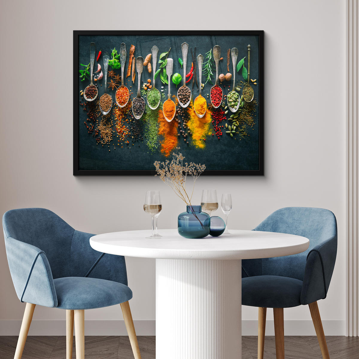 ZARÁMOVANÝ PLAGÁT Bylinky - korenie - lyžičky 80x60 cm - kari žltá, papier (80/60cm) - MuchoWow