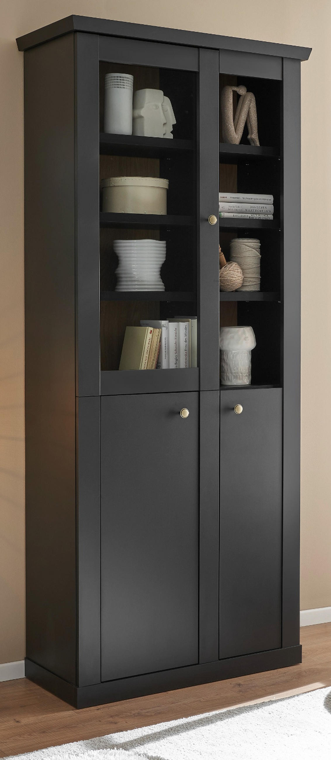 VITRINE schwarz matt, Eiche 86 cm, Vitrinenschrak Landhaus mit Soft-Close - Eichefarben/Messingfarben, Glas/Holzwerkstoff (86/200/39cm) - Furn.Design