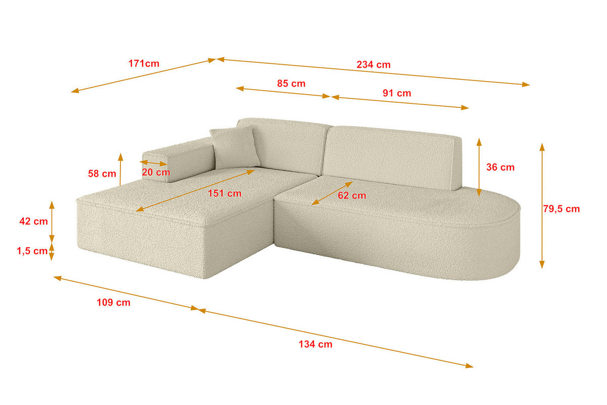 ECKSOFA Ottomane Links IREA-L1-v4 - 234x171x79 cm Beige - Creme, Holzwerkstoff/Textil (234/171cm) - ALTDECOR