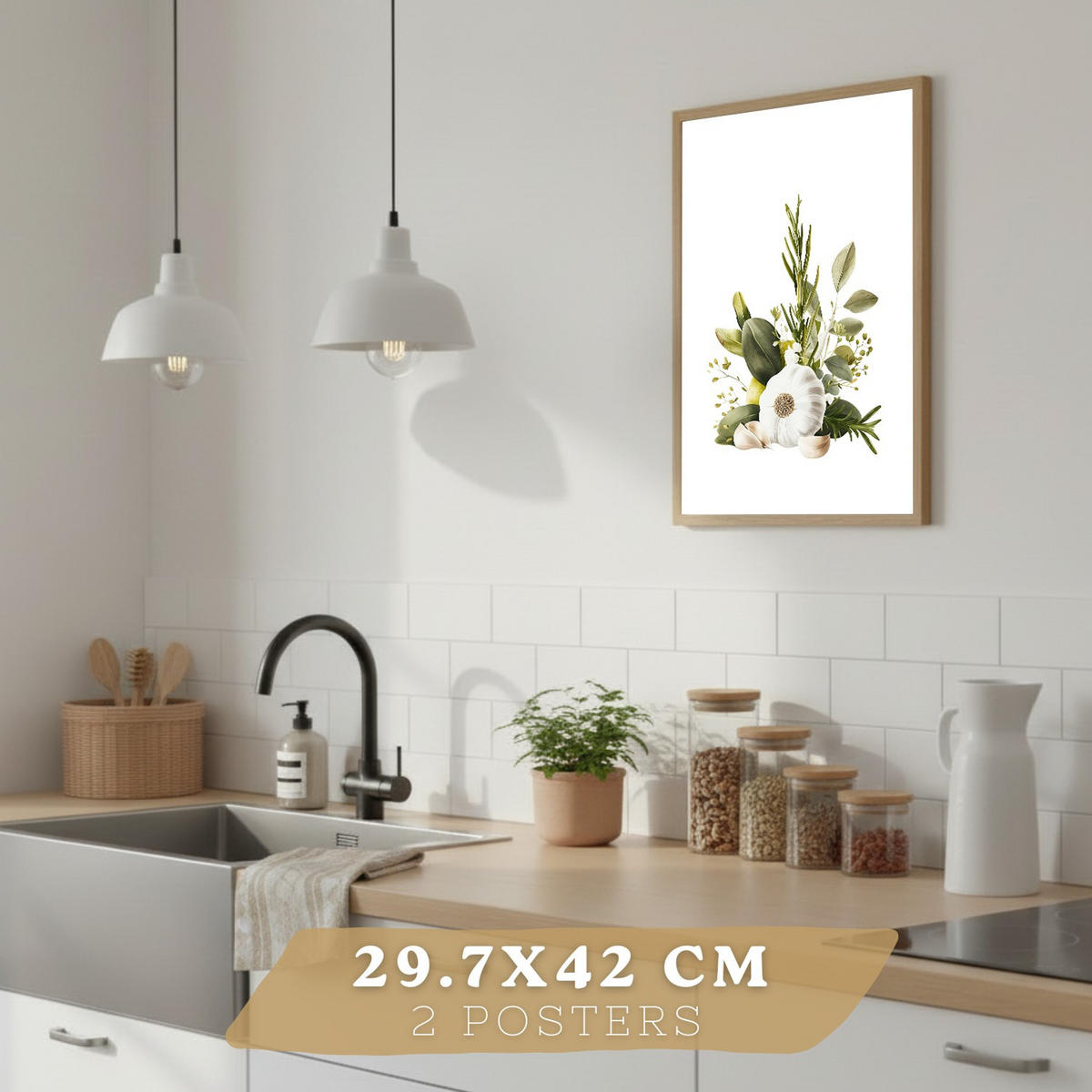 POSTER 4er Set Mediterrane Küchen-Wandbilder Zitronen Knoblauch Oliven Kräuter Aquarell Esszimmer Deko Schwarzer Rahmen A3 - Schwarz, Papier (29.7/1/42cm) - Nacnic