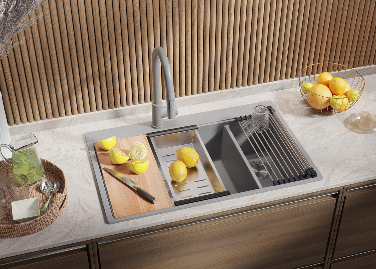 GRANITSPÜLE Oslo Duo, 2-er set Grau 78/50 cm 2 Becken + Küchenarmatur 40/20 cm + Ablauf-Set + Schneidebrett ab 80er Unterschrank - Chromfarben/Beige, Kunststoff (78/20/50cm) - Primagran