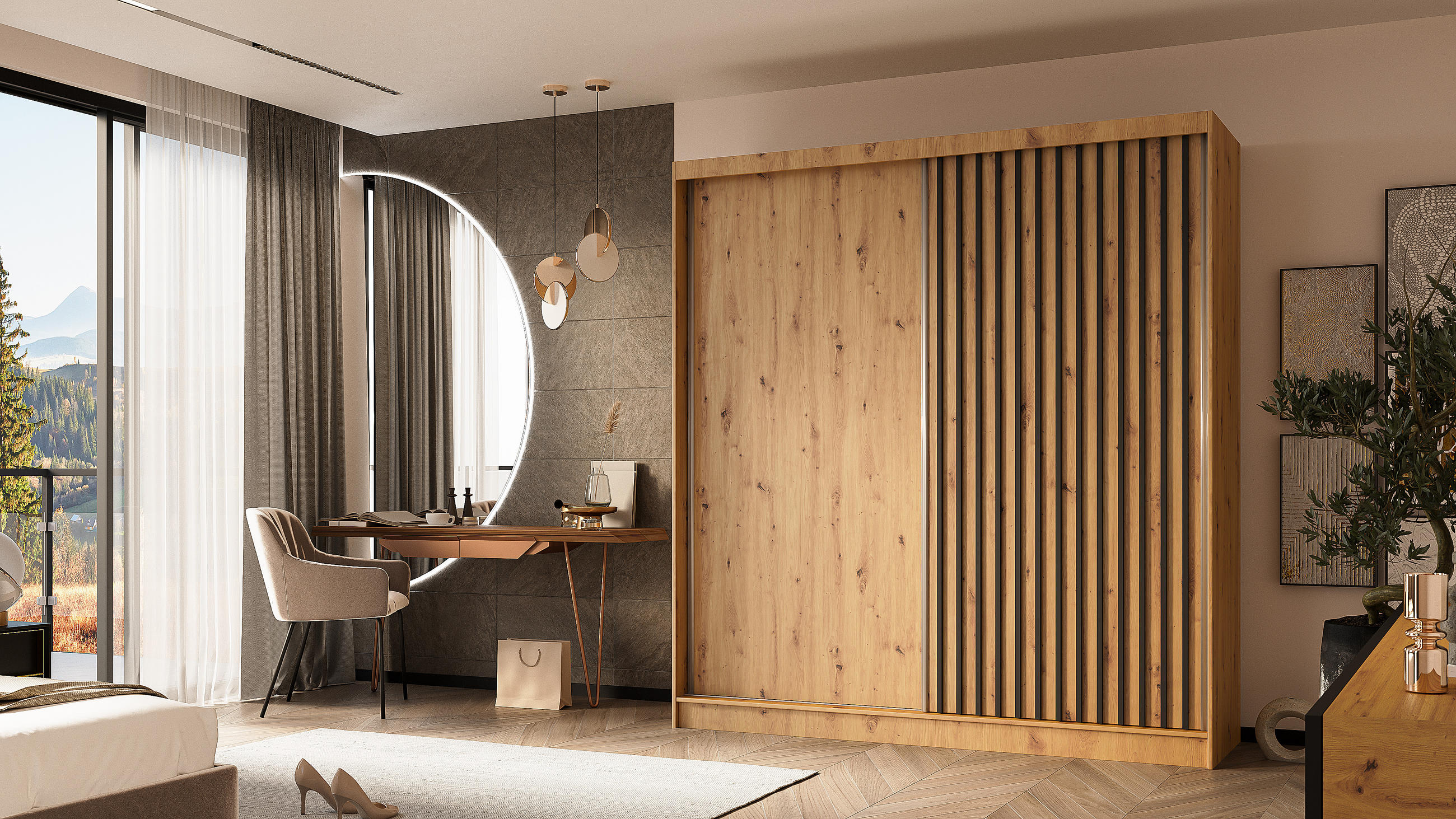KLEIDERSCHRANK mit furnierten Schiebetüren und Aluminium-Leisten - LABELO - 200 cm Artisan+Artisan+Schwarz - Schwarz/Eiche Artisan, Holzwerkstoff (200/216/61cm) - ALTDECOR