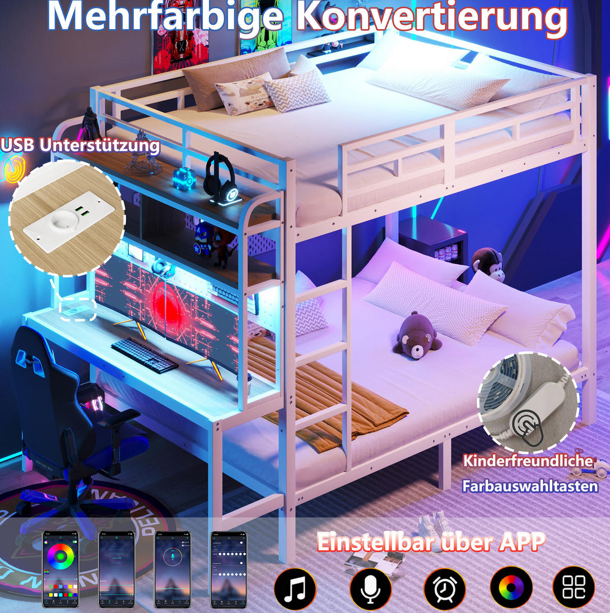 ETAGENBETT 140/200 cm in Weiß mit Schreibtisch, Ablagefächern und LED-Beleuchtung - Weiß, Metall (140/200cm) - Flora Grace