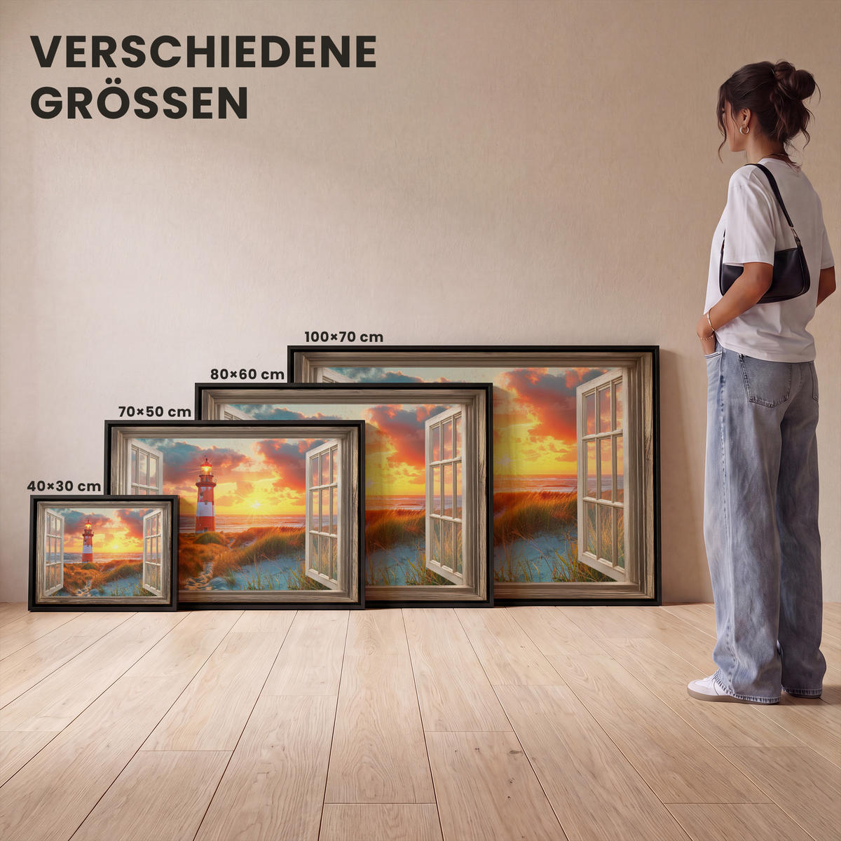 LEINWAND Bilder mit Rahmen - Aussicht - Fenster - Leuchtturm - Sonnenuntergang - Strand - 70x50 - Dunkelorange, Textil (70/50cm) - MuchoWow