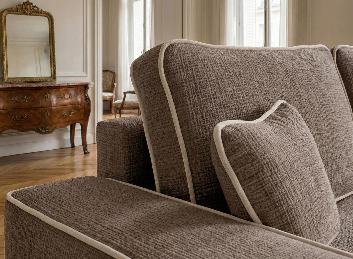 ECKSOFA MIT SCHLAFFUNKTION Modo Beige Chenille-Stoff - Rechts Seite - Beige/Schwarz, Holz/Holzwerkstoff (294/185cm) - Maison de Reve