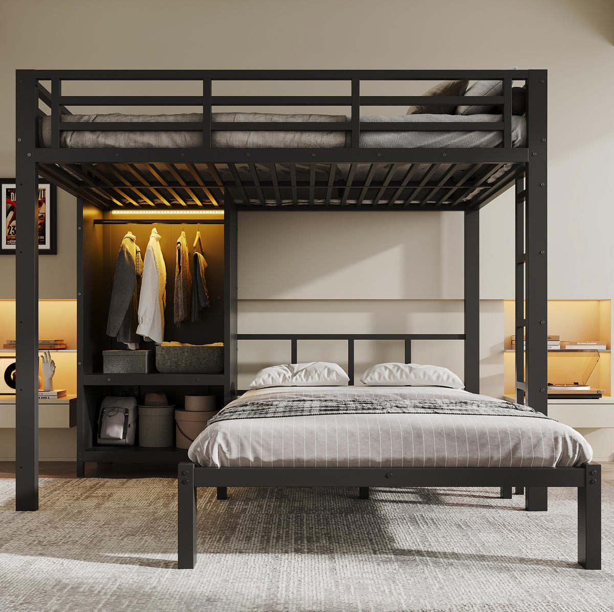 ETAGENBETT aus Metall und Holz 120x200 cm Schwarz mit Kleiderschrank und LED-Beleuchtung - Schwarz, Metall (120/200cm) - Modfu