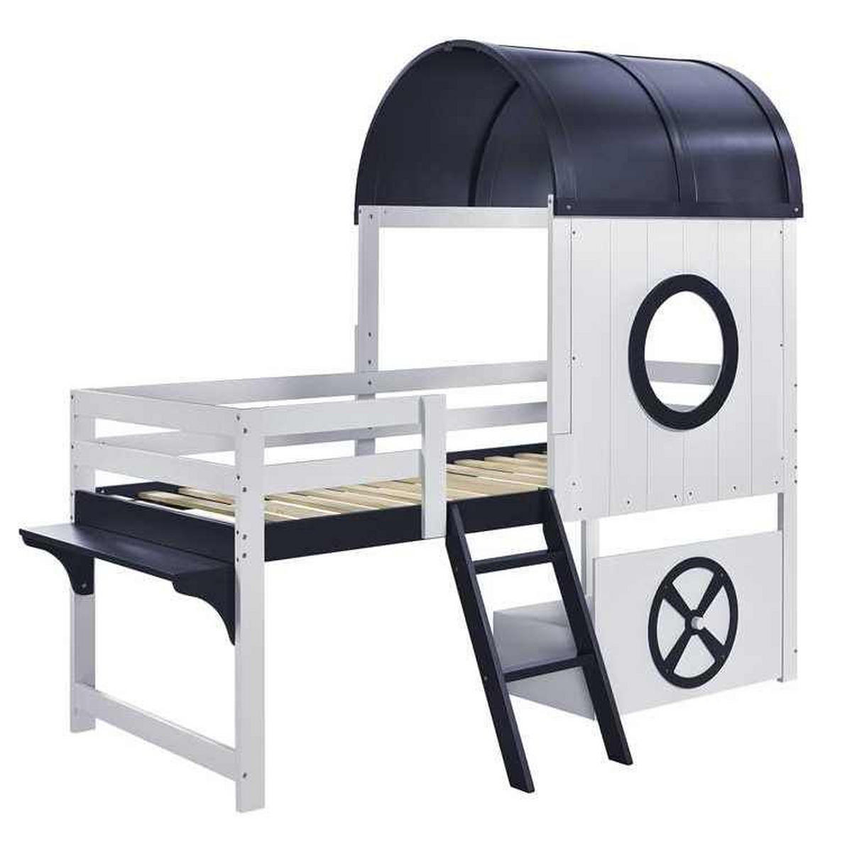 HALBHOHES Kinderbett 90/200 cm mit Dach, Fenster, Schublade und Schrägleiter aus Kiefer/MDF, Weiß/Dunkelblau - Weiß, Holzwerkstoff (90/200cm) - Redom
