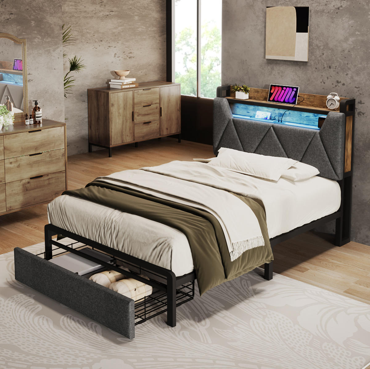 TAPECIRANI krevet od lana 90x200 cm sivi s LED rasvjetom, USB/Type-C priključcima, uzglavljem za odlaganje i ladicom - siva, tekstil (90/200cm) - Modfu
