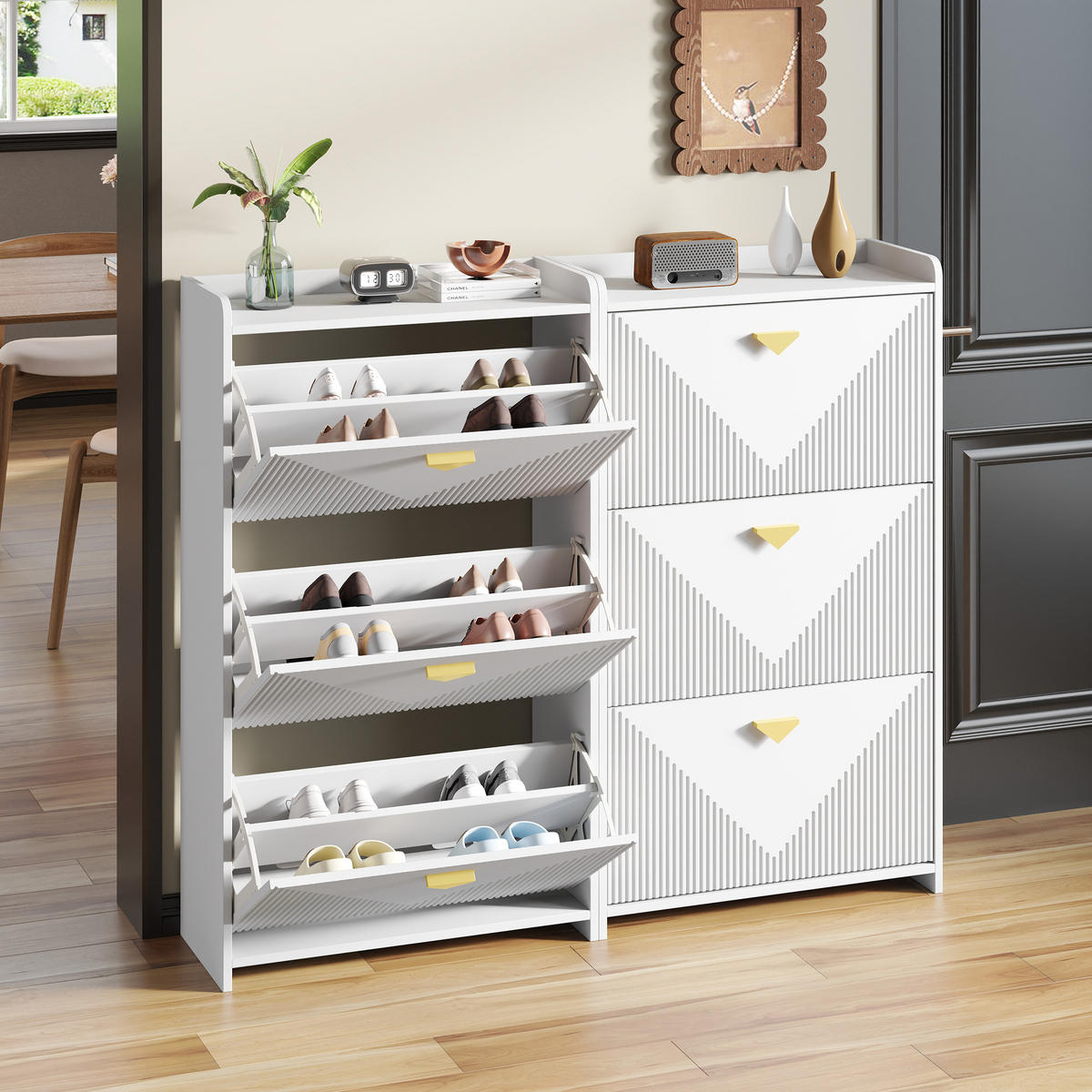 SCHUHSCHRANK aus MDF 140x30x120cm in Weiß mit 3 Klapptüren - Weiß, Holzwerkstoff (140/120/30cm) - Modfu