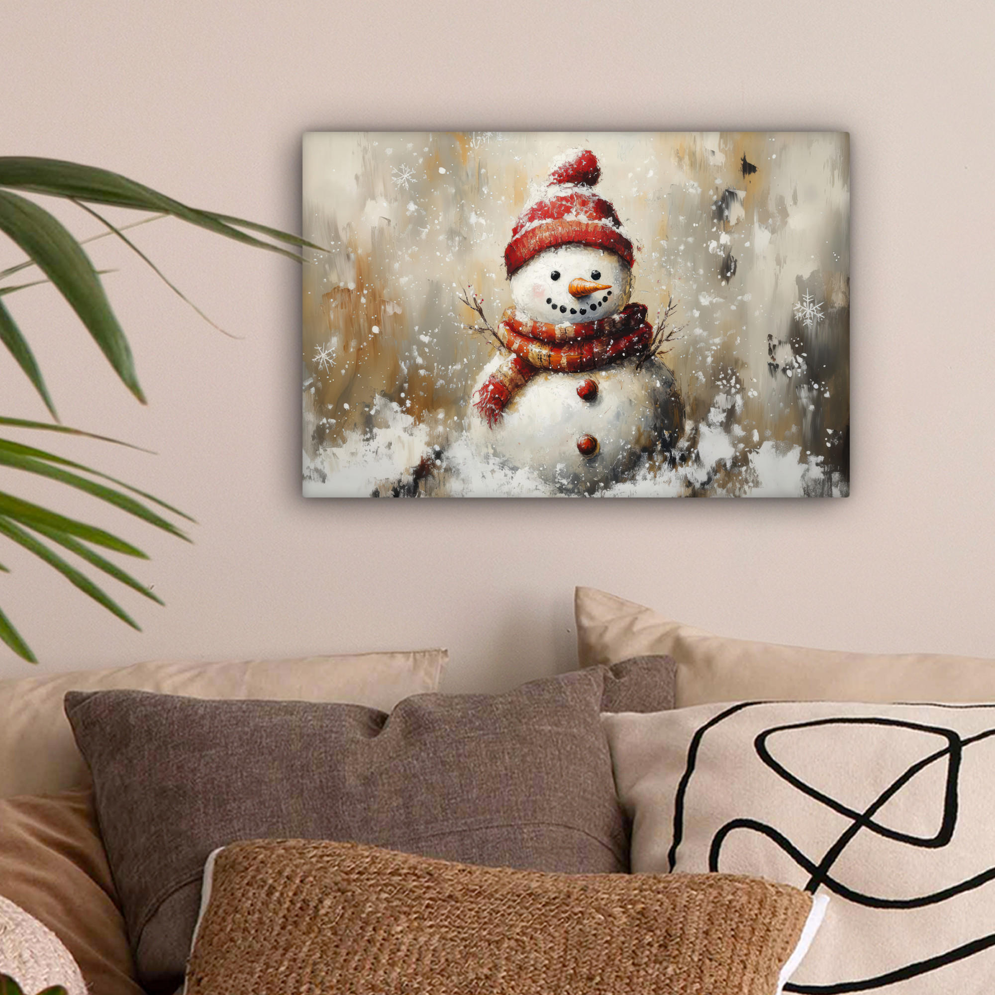 LEINWANDBILD Schneemann - Winter - Schnee - Beige 30x20 cm - Weiß, Textil (30/20cm) - MuchoWow