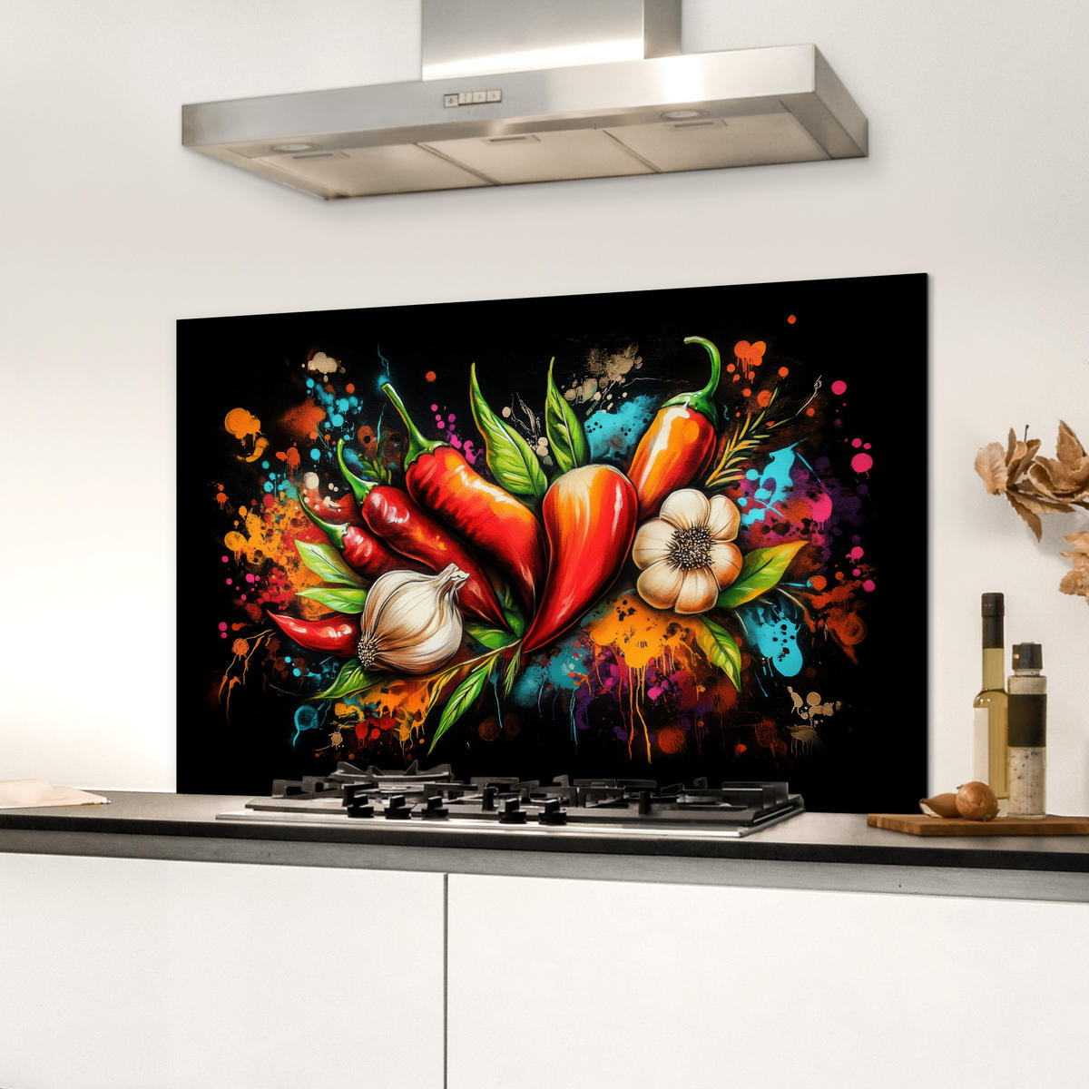 SPRITZSCHUTZ KÜCHE Gemüse - Paprika - Knoblauch - Graffiti - Farbe - Bunt 90x60 cm - Rot, Metall (90/0.3/60cm) - MuchoWow