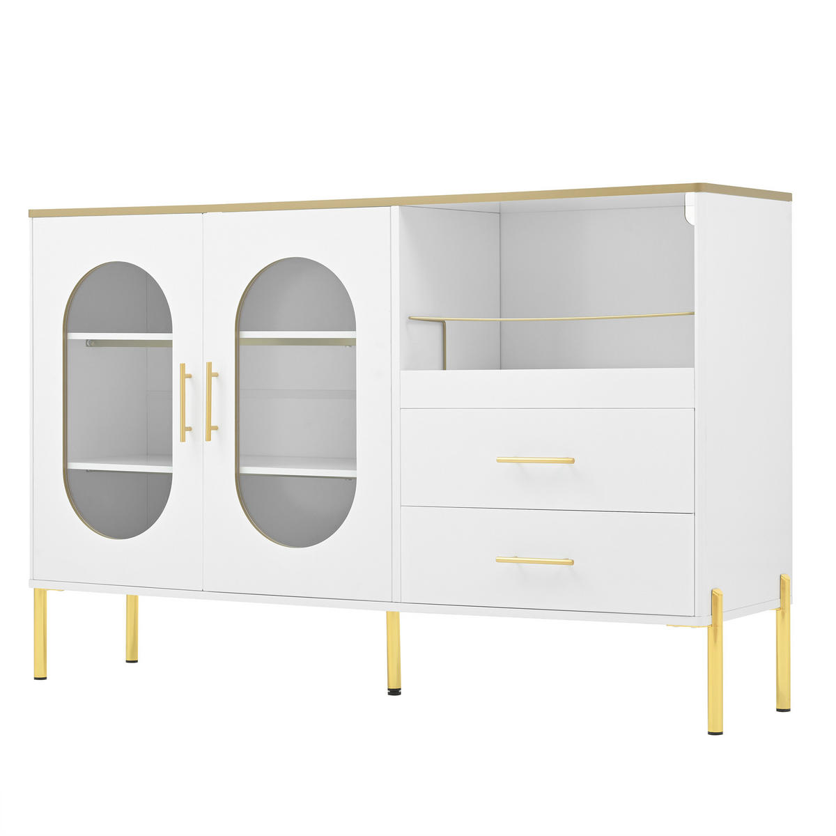 SIDEBOARD 140x38x90 cm Weiß, 2 Schubladen, 2 Glastüren, Goldfarbene Akzente - Weiß, Holz (140/90/38cm) - PARAFTA HOME