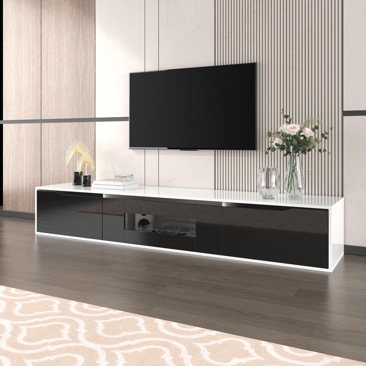 TV-ELEMENT180CM Schwarz Weiß Hochglanz mit 16FarbenLED Rillendesign - Weiß, Holz (46/17/142cm) - Raelunyi