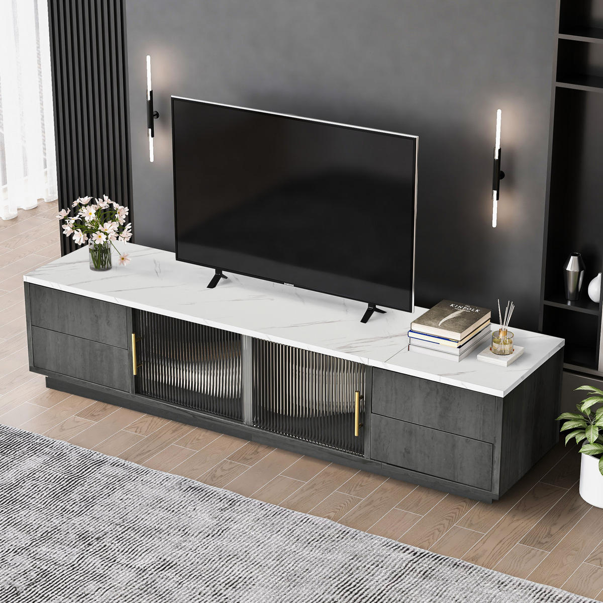 TV stolek 160/40/38,5 cm s kabelovým managementem, 4 zásuvkami Push-to-Open a dvířky ze skla, Šedá - šedá, kompozitní dřevo (160/38.5/40cm) - Redom