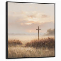 LEINWAND Bilder mit Rahmen - Gras - Morgennebel - Kreuz - Christentum - 90x90 - Beige, Textil (90/90cm) - MuchoWow