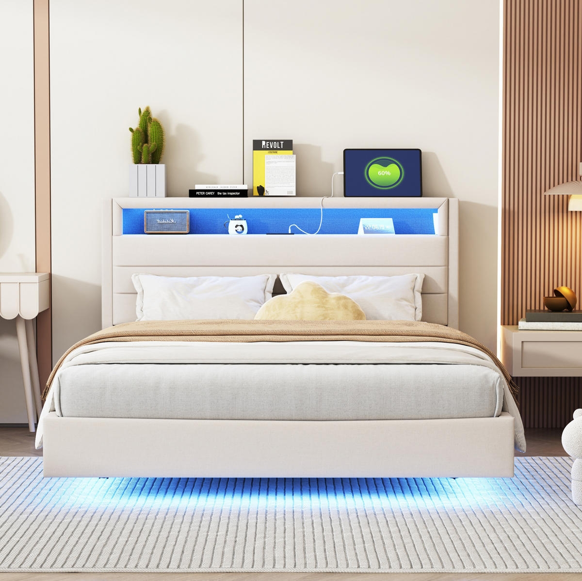 POLSTERBETT 140/200 cm mit LED-Beleuchtung, USB-Anschluss und Stauraum im Kopfteil - Beige, Textil (140/200cm) - BEAOK