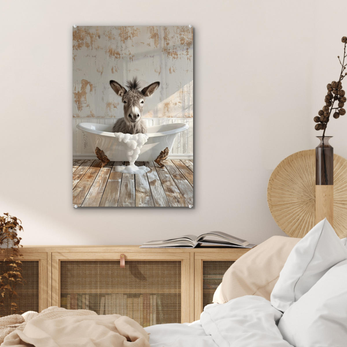 ACRYLGLASBILD Esel - Tiere - Badewanne - Schaumstoff 40x60 cm - Weiß, Glas (40/60cm) - MuchoWow