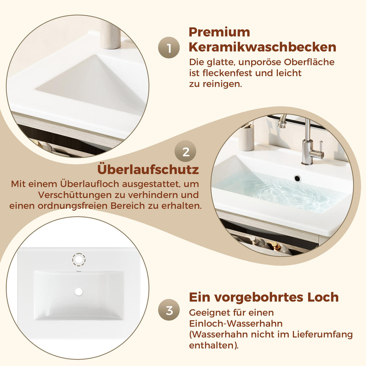 BADEZIMMERSCHRANK Rattan Türen Klappschublade Verstellbare Böden 61cm - Naturfarben, Keramik (61/87/47cm) - FLIEKS