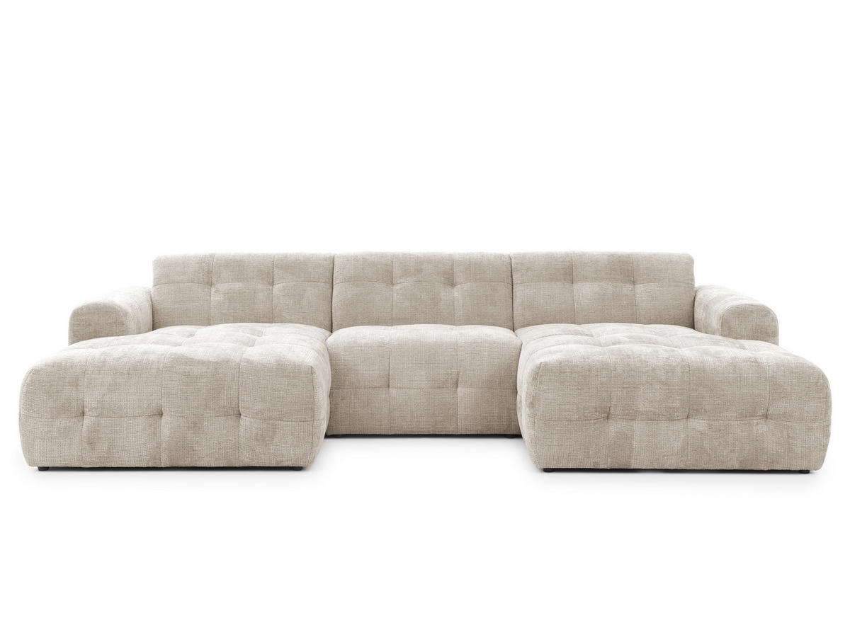 WOHNLANDSCHAFT Kozy im Bumpy-Design mit fester Rückenlehne aus weichem Dunkelbeige Chenille-Stoff - Beige/Schwarz, Holz/Kunststoff (323/79/161cm) - S-Style Möbel