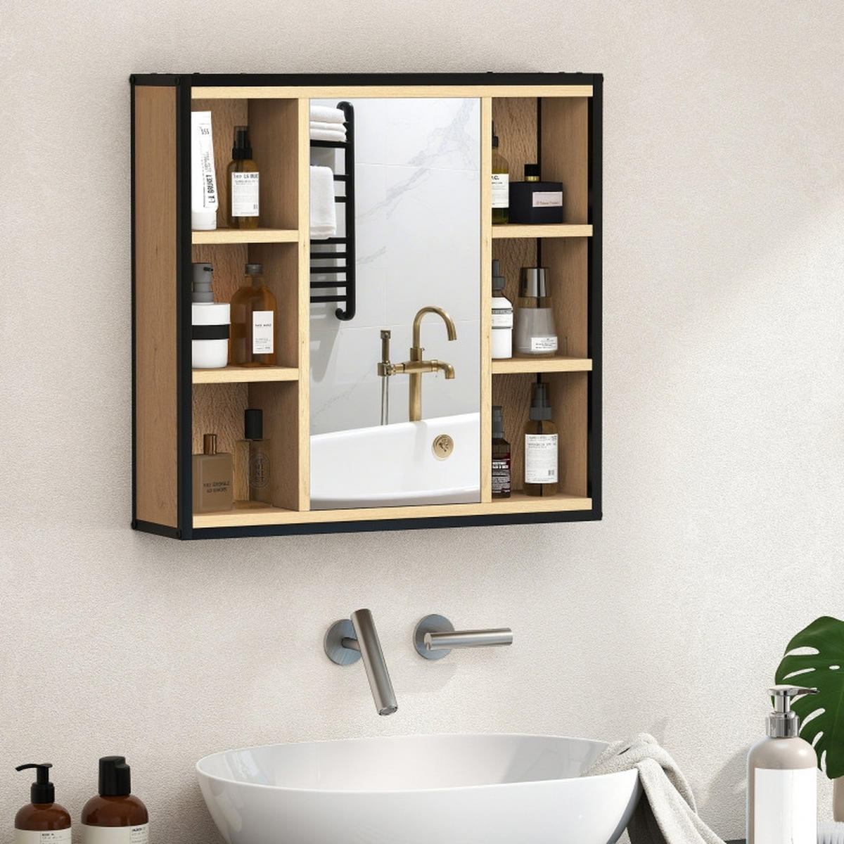 BADSPIEGELSCHRANK 60x16x58.5 cm Eiche mit Spiegeltür & 6 offenen Fächern - Eichefarben, Holzwerkstoff (60/58.5/16cm) - Modfu