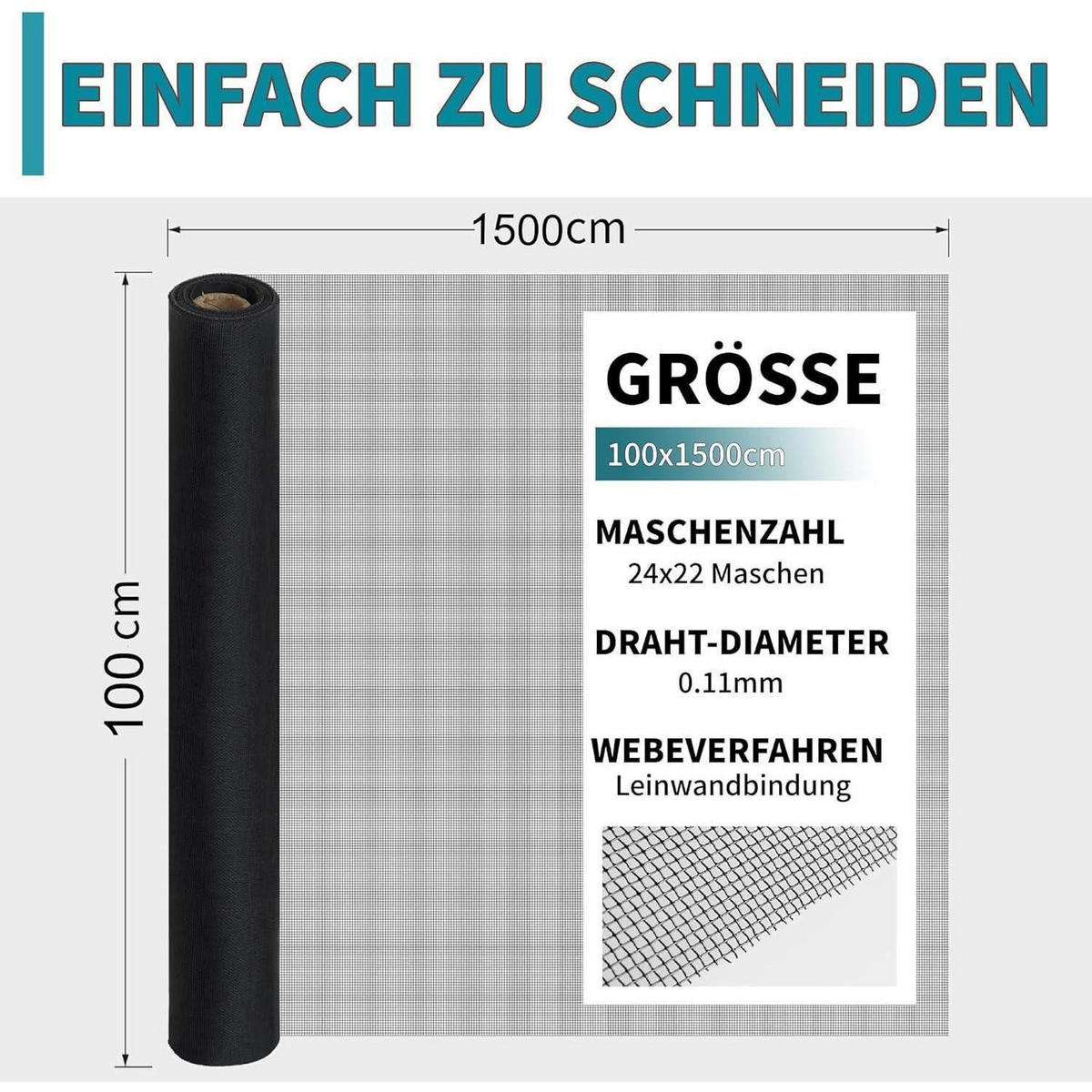 FLIEGENGITTER Edelstahl Schwarz 100 x 1500 cm - Schwarz, Metall (9.5/111.5/9cm)