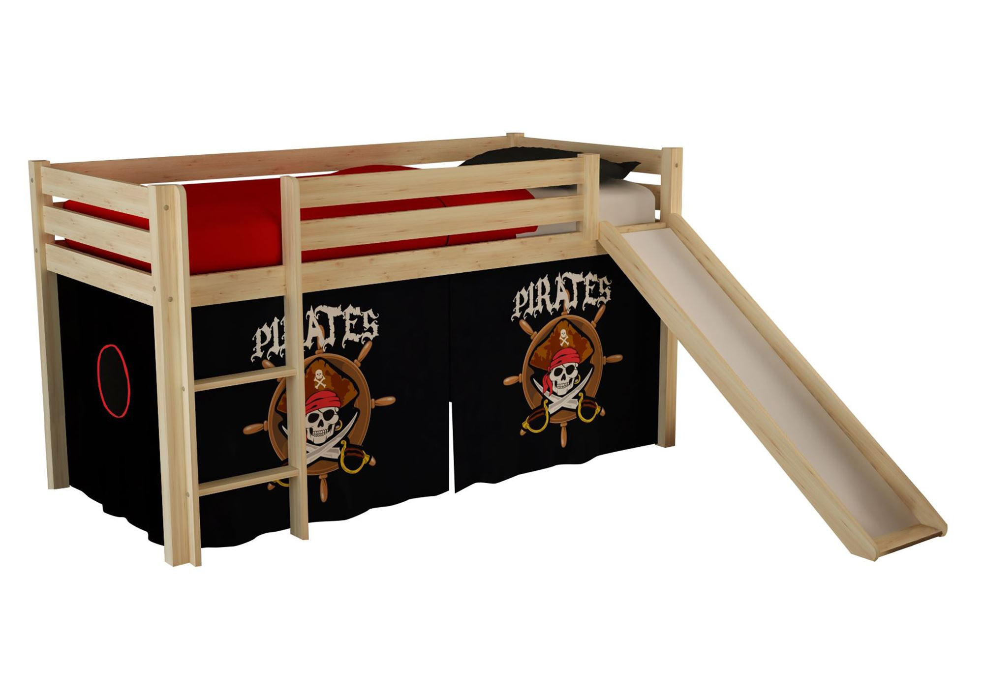 HOCHBETT mit Rutsche Karolina Massivholz Natur Textilset Pirate - Schwarz/Kieferfarben, Holz (90/200cm) - 58aufmkessel