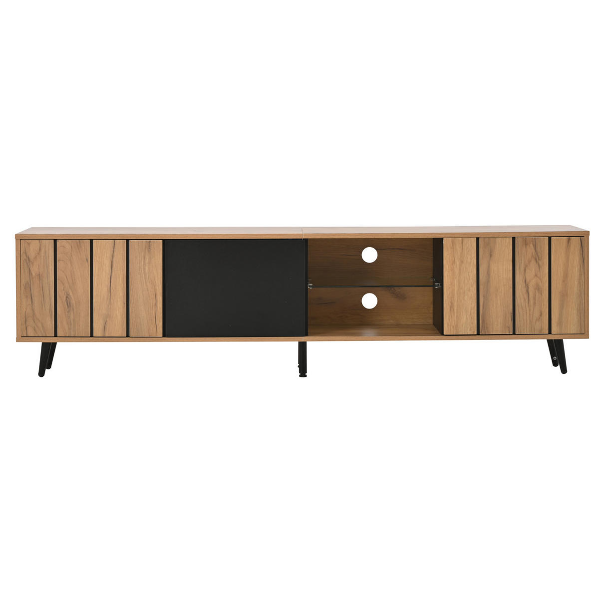 TV ormarić od iverice 175x31,5x45 cm prirodna boja i crna s 3 ormarića i kaljenim staklom za TV do 75 inča - svijetlo smeđa, drvni materijal (175/45/31.5cm) - Modfu