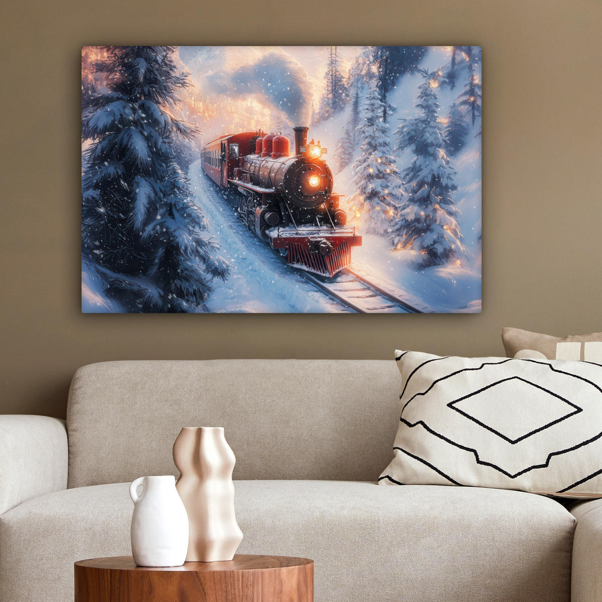 LEINWANDBILD Weihnachtszug - Schnee - Winter - Weihnachten Gemälde 60x40 cm - Dunkelrot, Textil (60/40cm) - MuchoWow