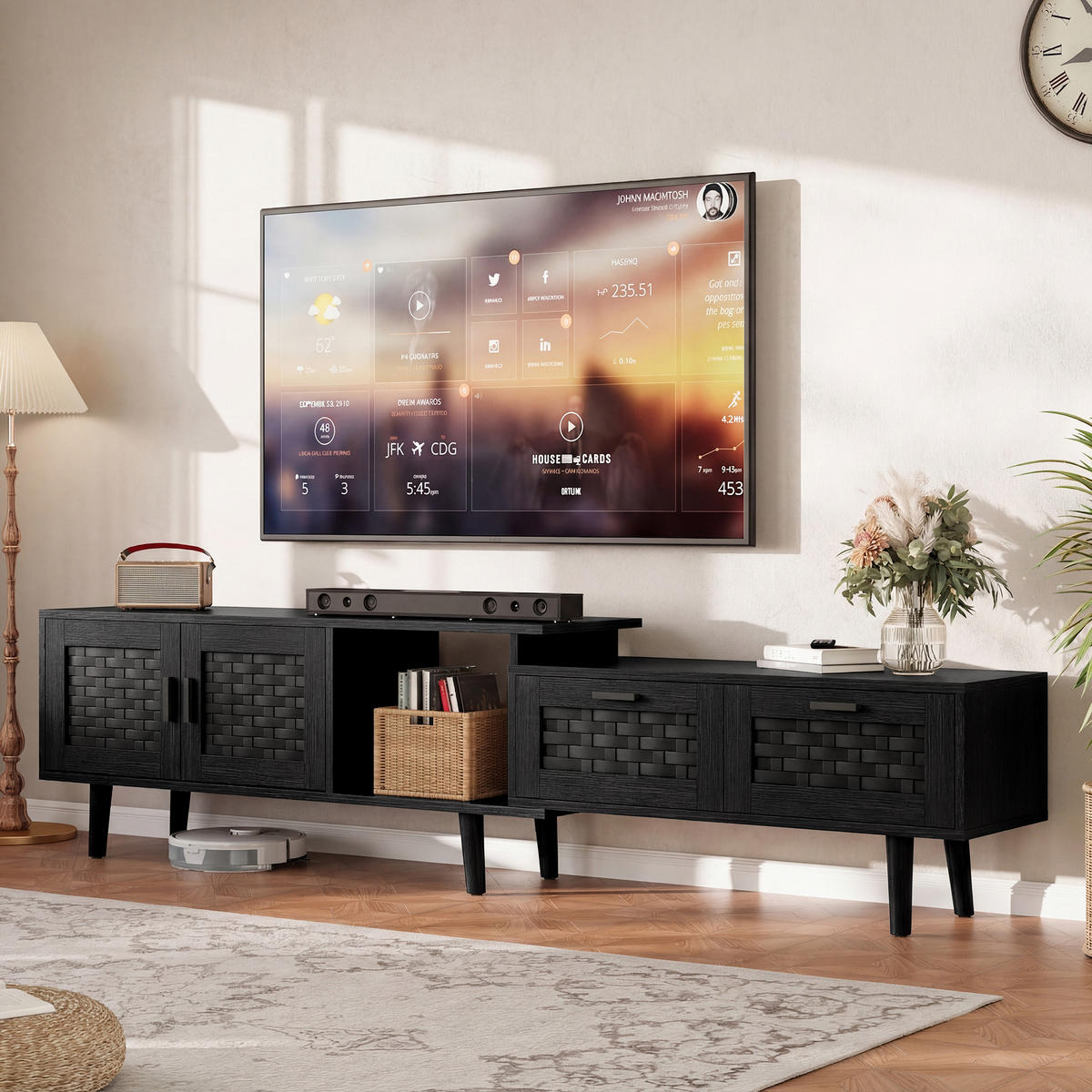 TV-SCHRANK ausziehbar, Schwarz, Türen geflochten, geräumig, modern - Schwarz, Holz (169/44/29.8cm) - EuroLiving
