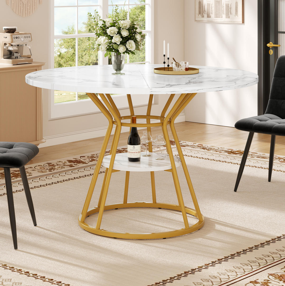 ESSTISCH 100/100/76 cm gold mit Ablagefläche und verstellbaren Füßen aus MDF und Metall - Goldfarben, Holzwerkstoff (100/100/76cm) - OKWISH