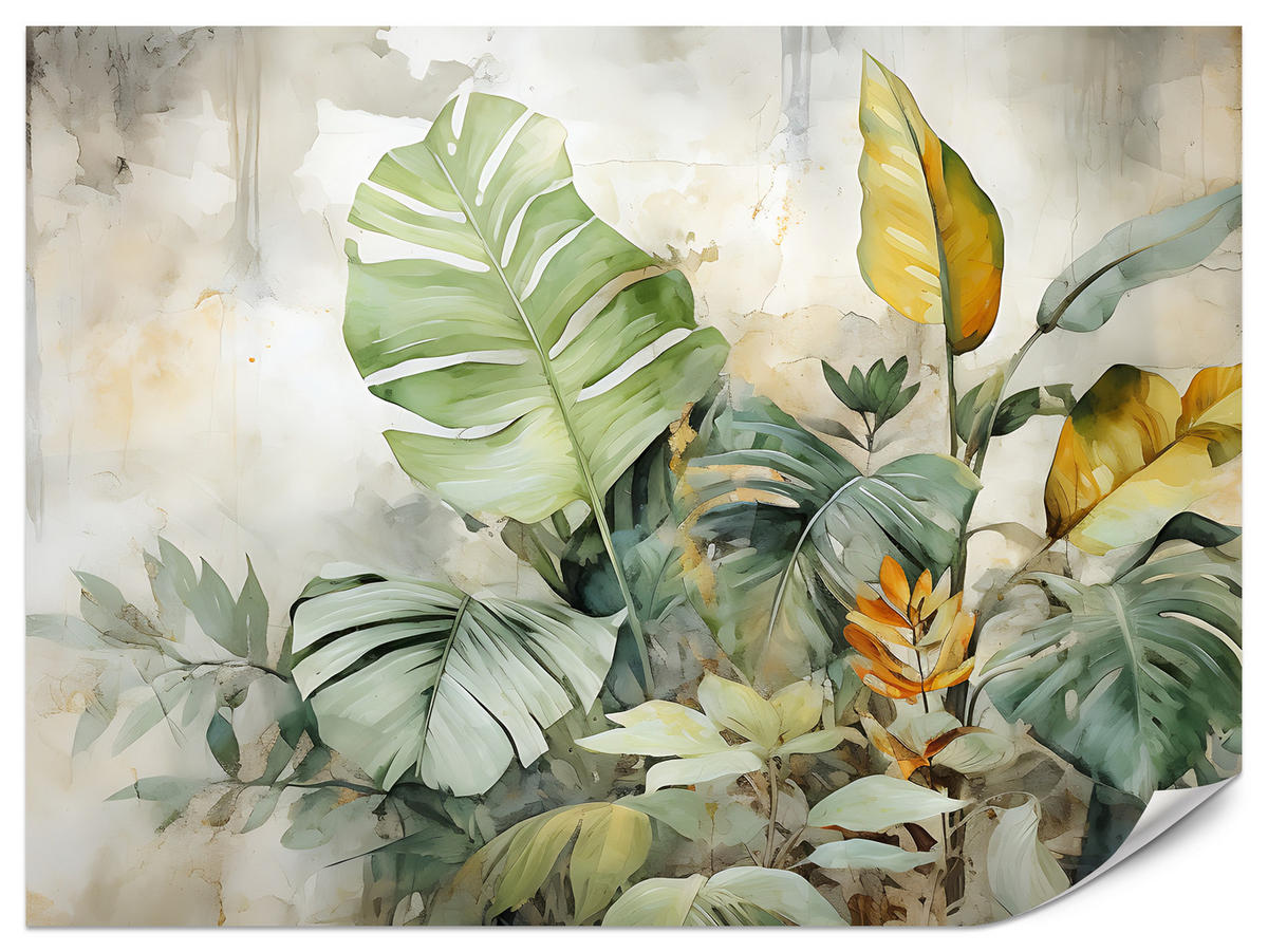 FOTOTAPETE für Wohnzimmer Tropische Blätter Aquarell Abstrakt 150x105 - Gelb/Beige, Papier (150/105cm) - Muralo