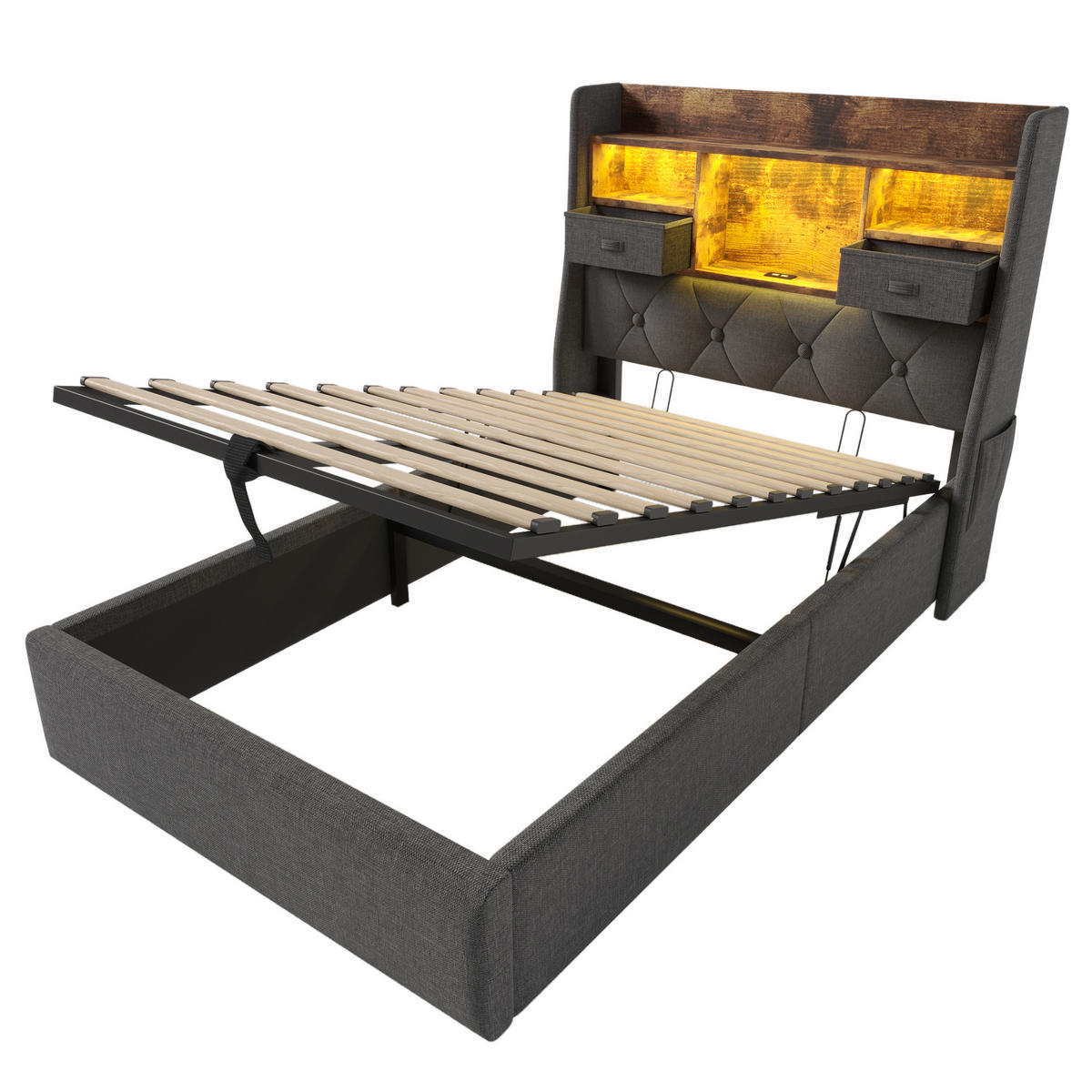 POLSTERBETT 90/200 cm mit LED-Beleuchtung, USB- und Type-C-Anschluss, hydraulischem Stauraum, Leinen, Grau - Grau, Textil (90/200cm) - Redom