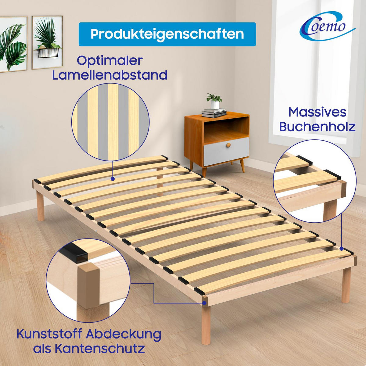 BETTGESTELL PYXIS Buche massiv 100x200 cm - Naturfarben, Holz (99/200cm) - Coemo