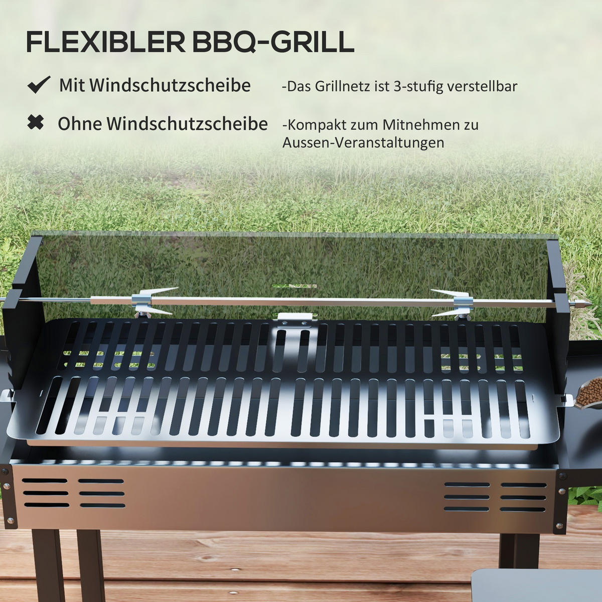 HOLZKOHLEGRILL - Schwarz, Metall (32/90/118cm) - Outsunny