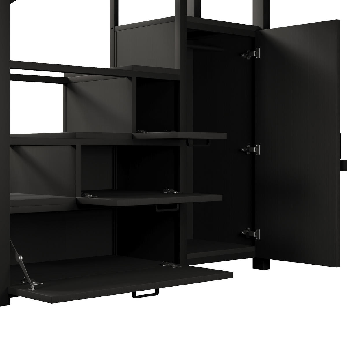HOCHBETT 140/200 cm in Schwarz mit Kleiderschrank, Staufächern und LED aus Metall im geradlinigen Design - Schwarz, Holzwerkstoff/Metall (140/200cm) - STILVORA