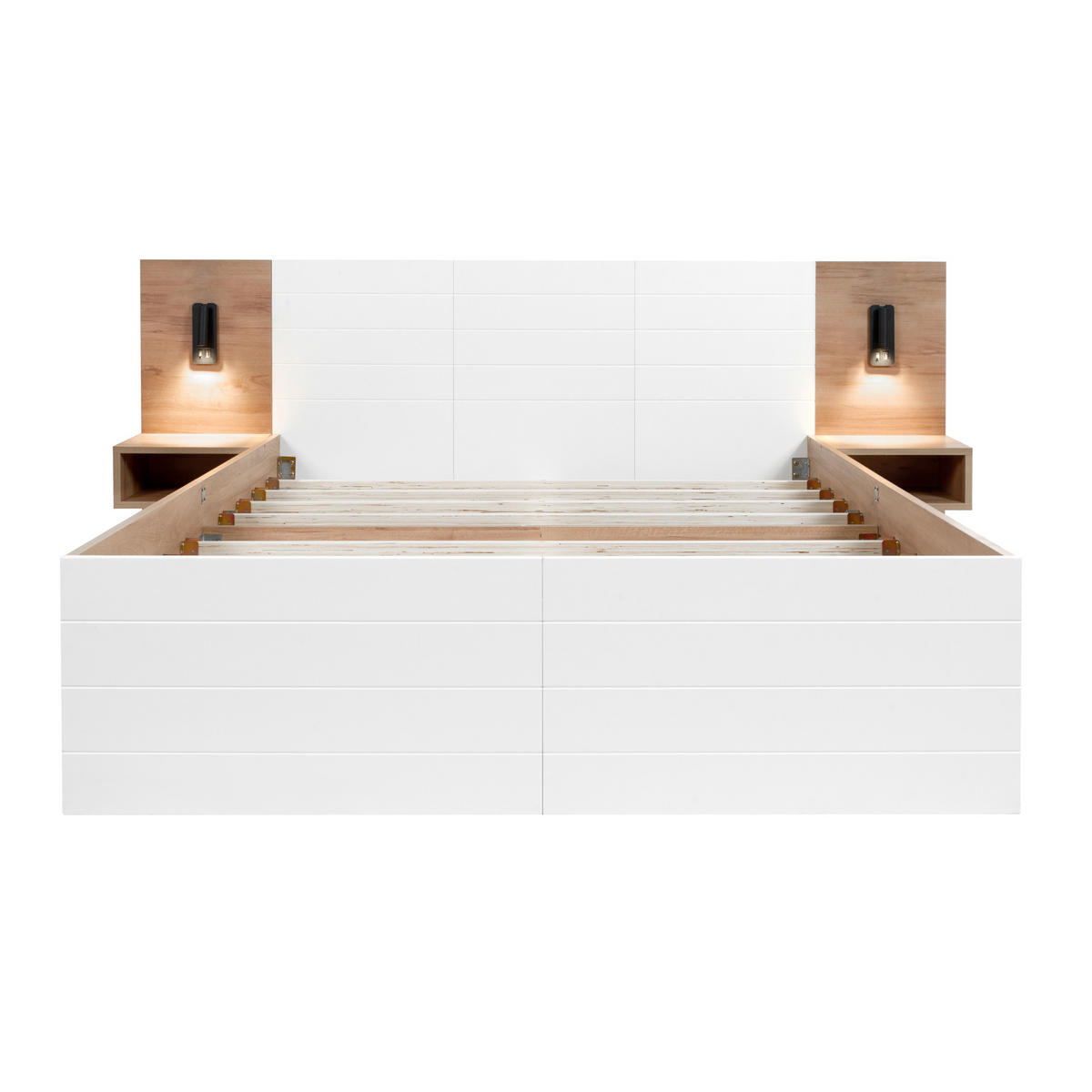 DOPPELBETT 140/200 cm Eiche und Weiß mit Leselicht und USB-Anschluss - Weiß, Holzwerkstoff (140/200cm) - OKWISH